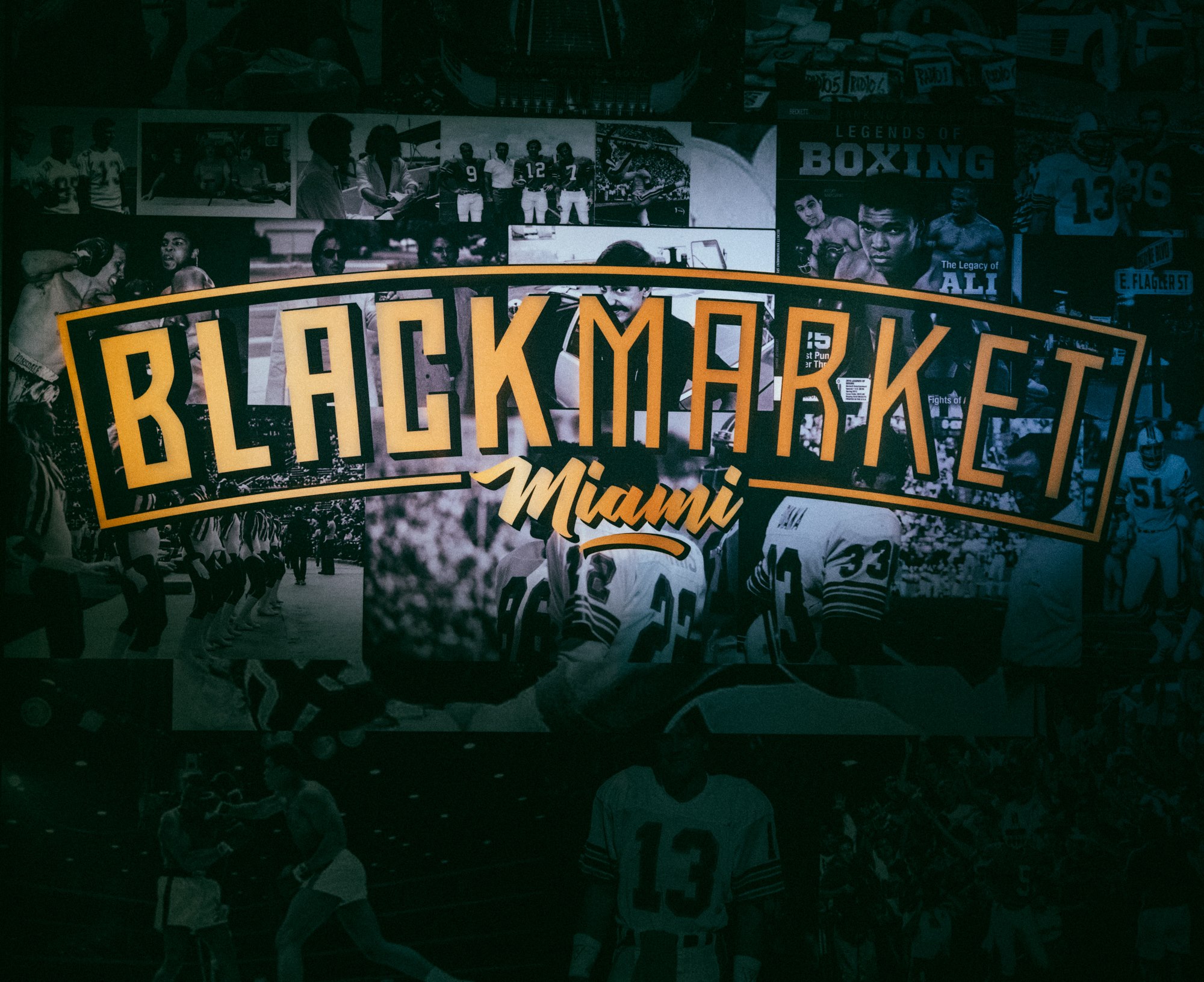 BLACKMARKET Miami logo over a black-and-white Miami sports legends collage