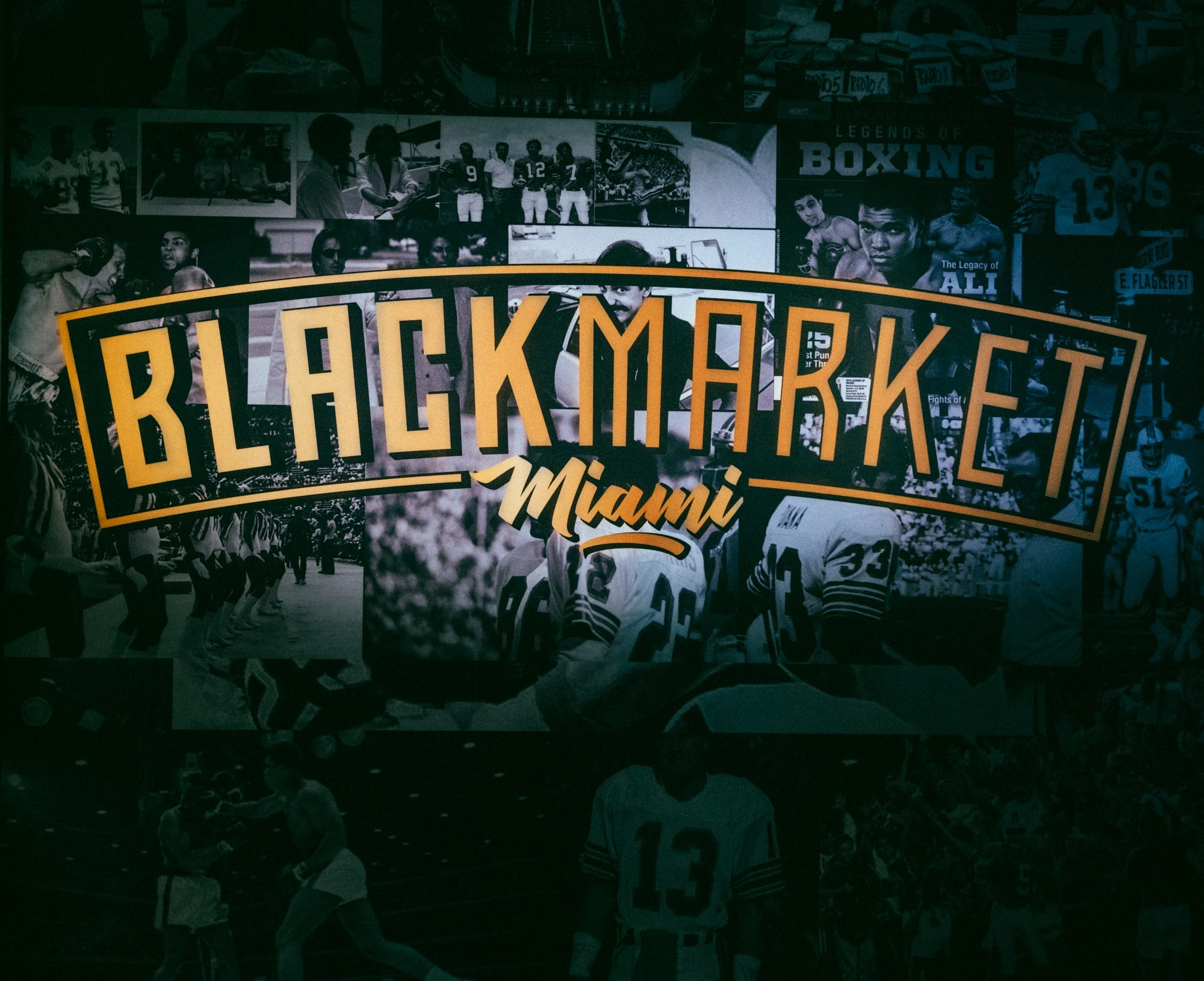 BLACKMARKET Miami logo over a black-and-white Miami sports legends collage
