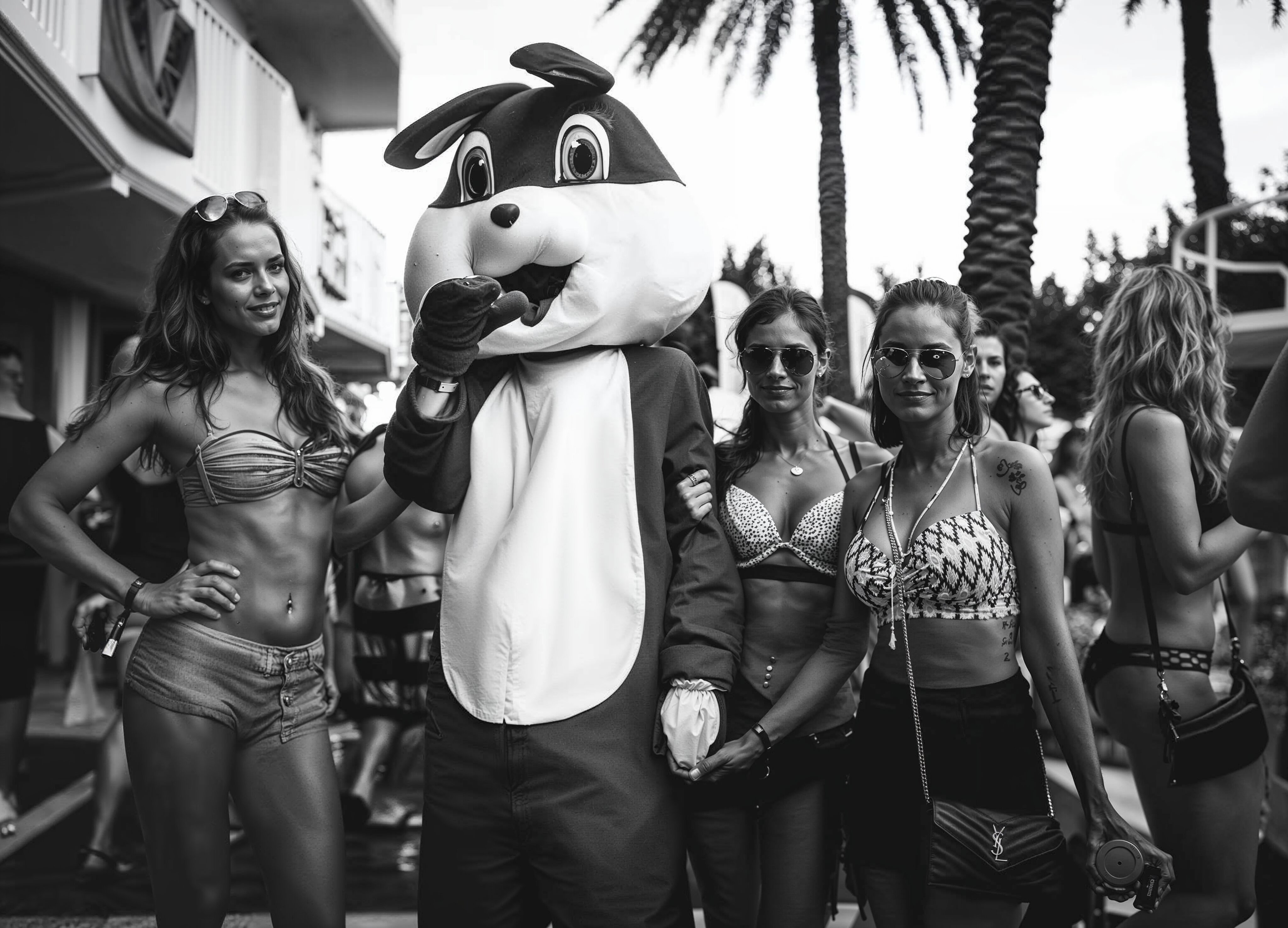 Black and white shot of the Red Rabbit mascot posing with guests on a sunny pool deck