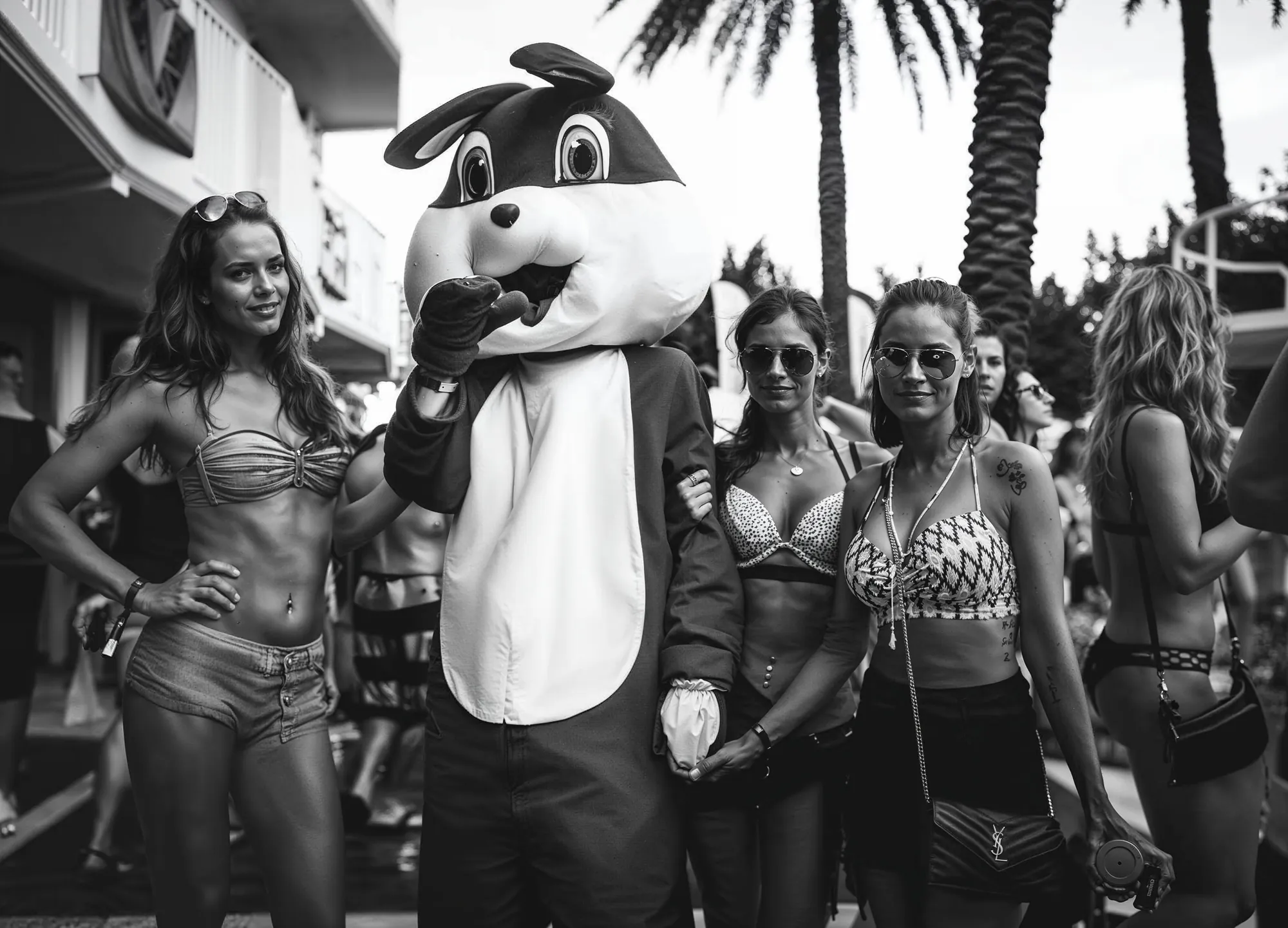 Black and white shot of the Red Rabbit mascot posing with guests on a sunny pool deck