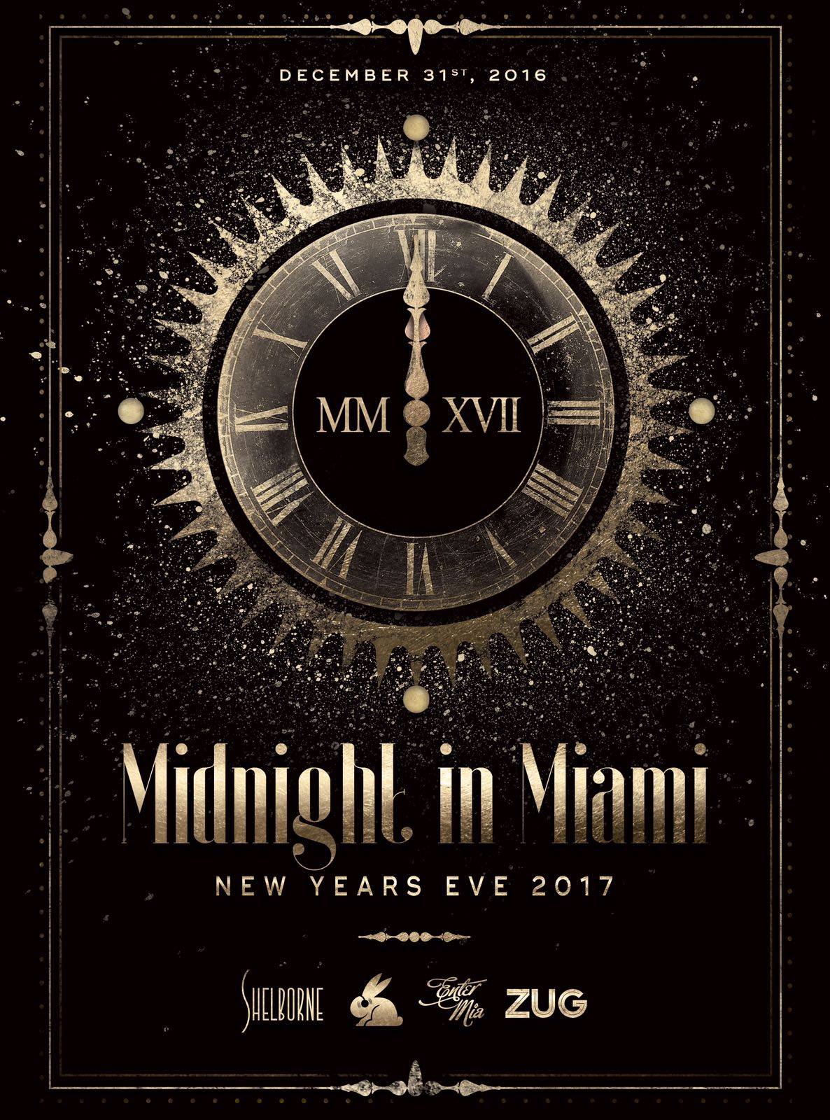 Midnight in Miami New Year's Eve 2017 flyer with a gold clock striking twelve