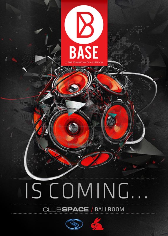 Base is Coming teaser flyer with a cluster of red speakers