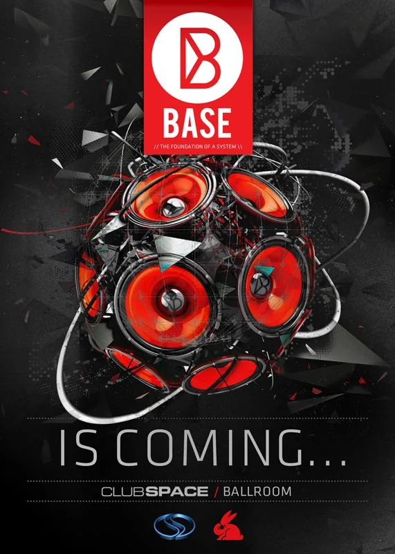 Base is Coming teaser flyer with a cluster of red speakers