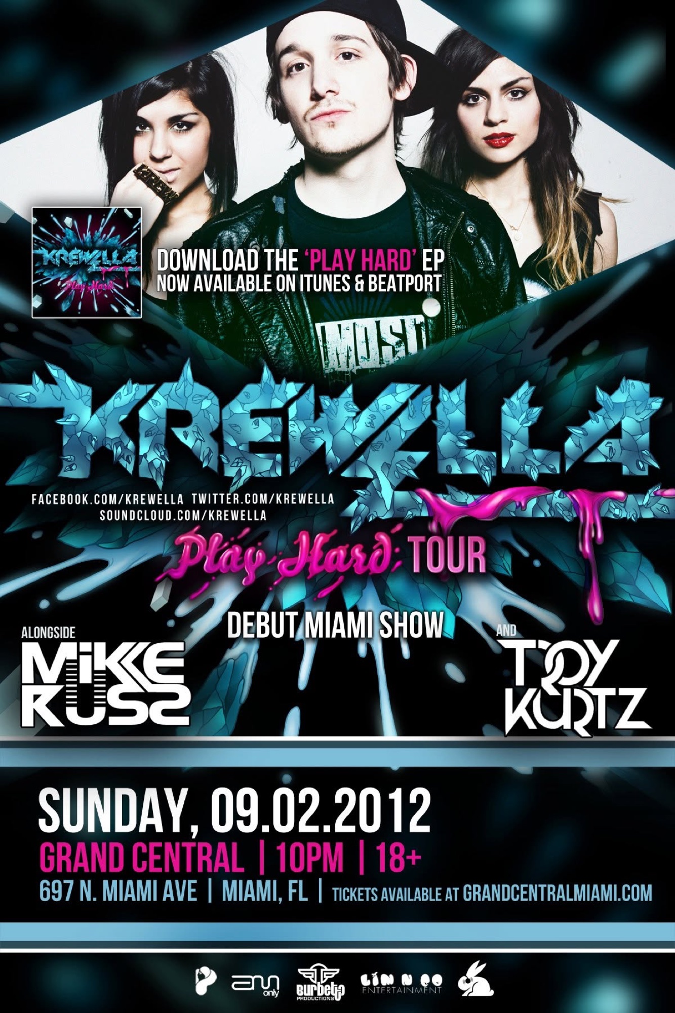 Krewella Play Hard Tour debut Miami show flyer at Grand Central
