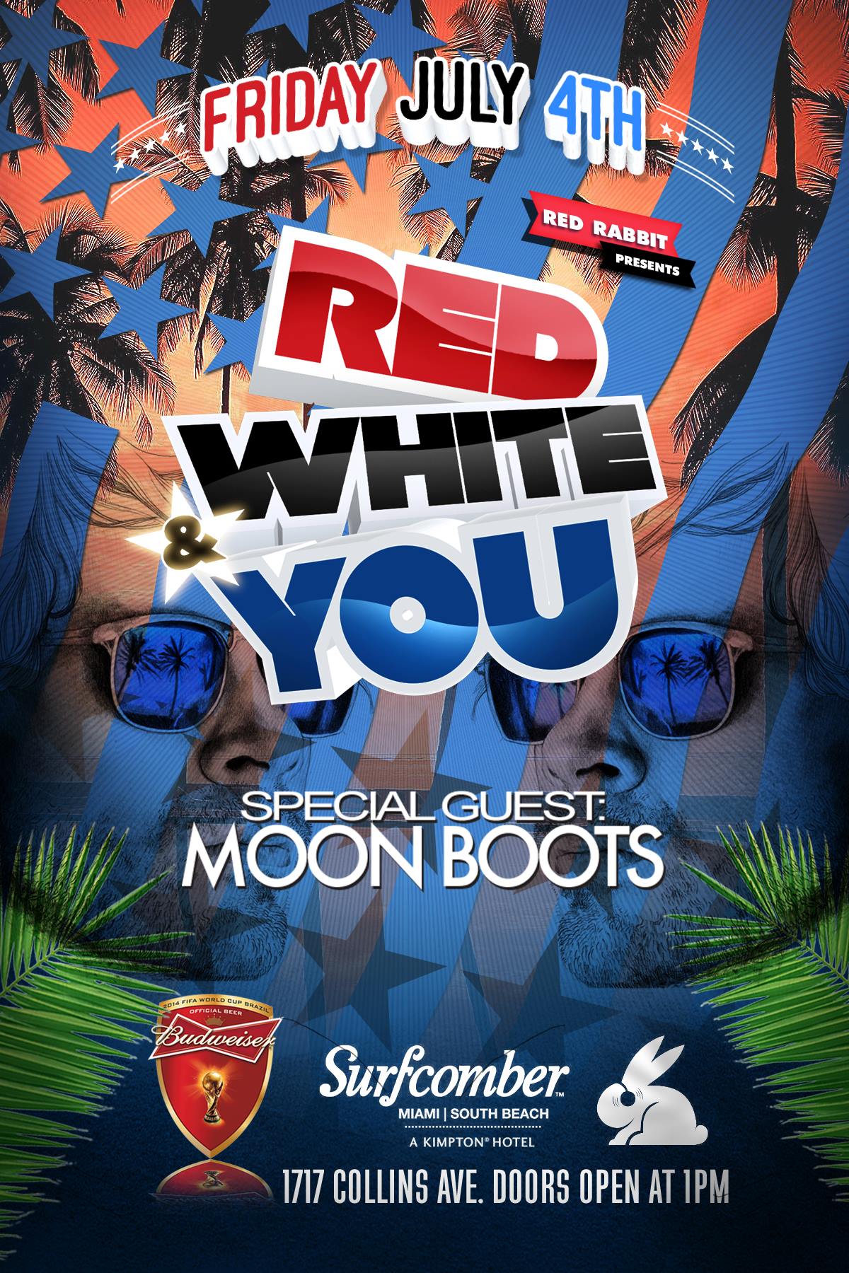 Red White and You July 4th flyer with Moon Boots at the Surfcomber pool