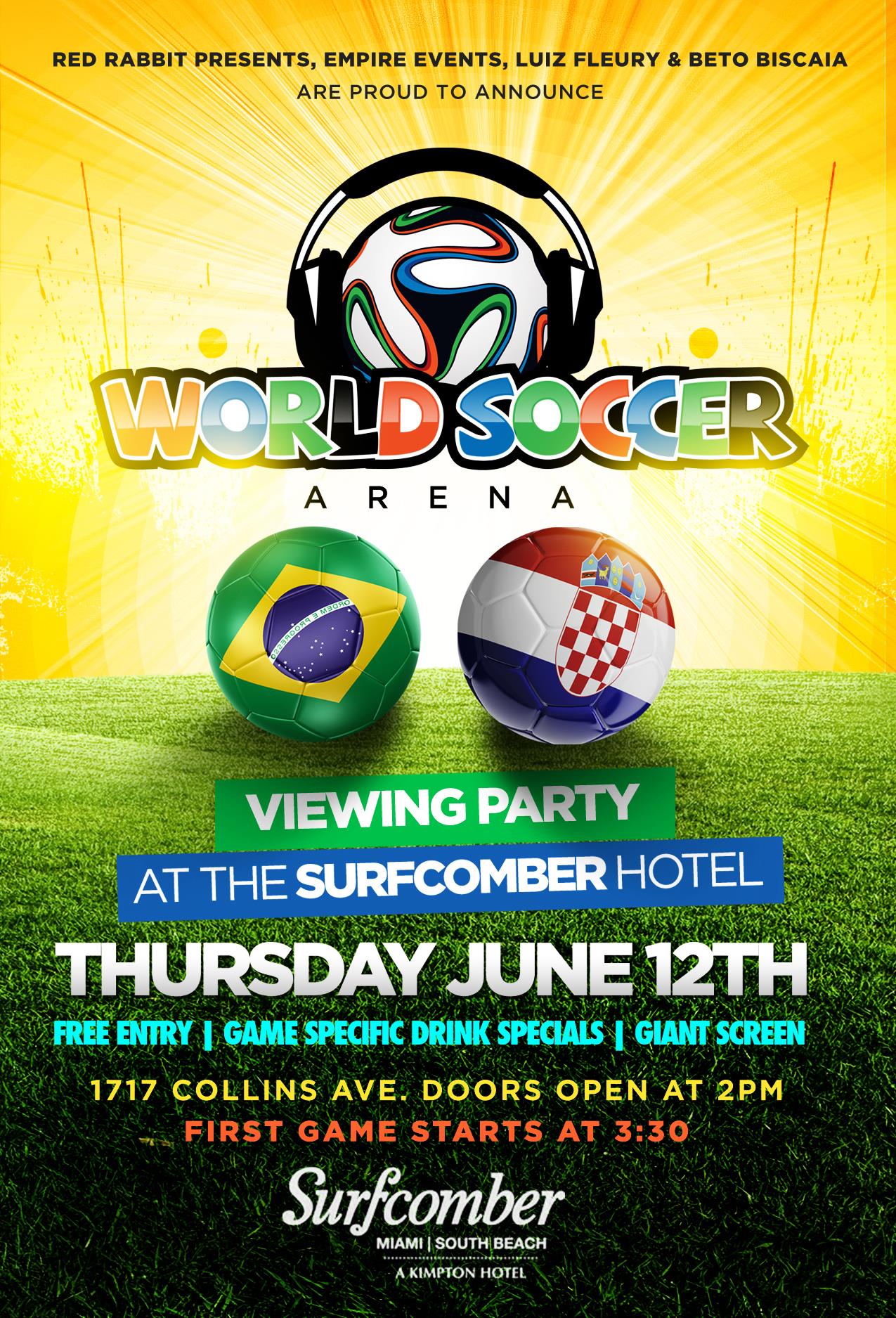 World Soccer Arena World Cup viewing party flyer at the Surfcomber Hotel