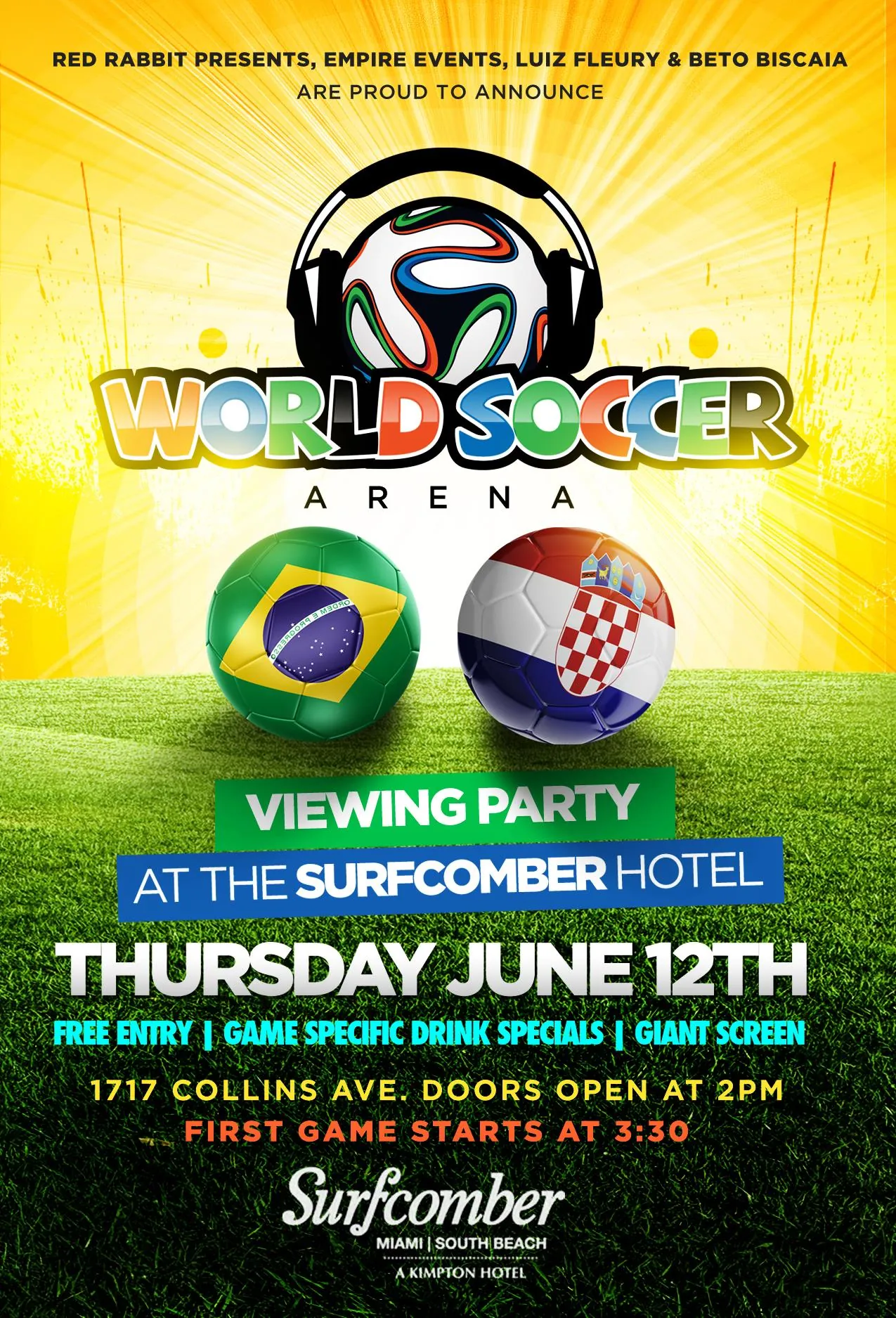 World Soccer Arena World Cup viewing party flyer at the Surfcomber Hotel