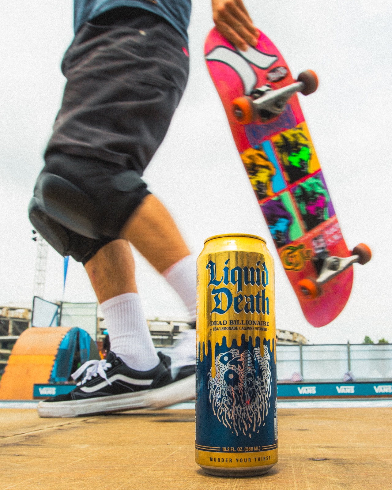 Liquid Death Dead Billionaire can on the ramp deck as a skater pushes past